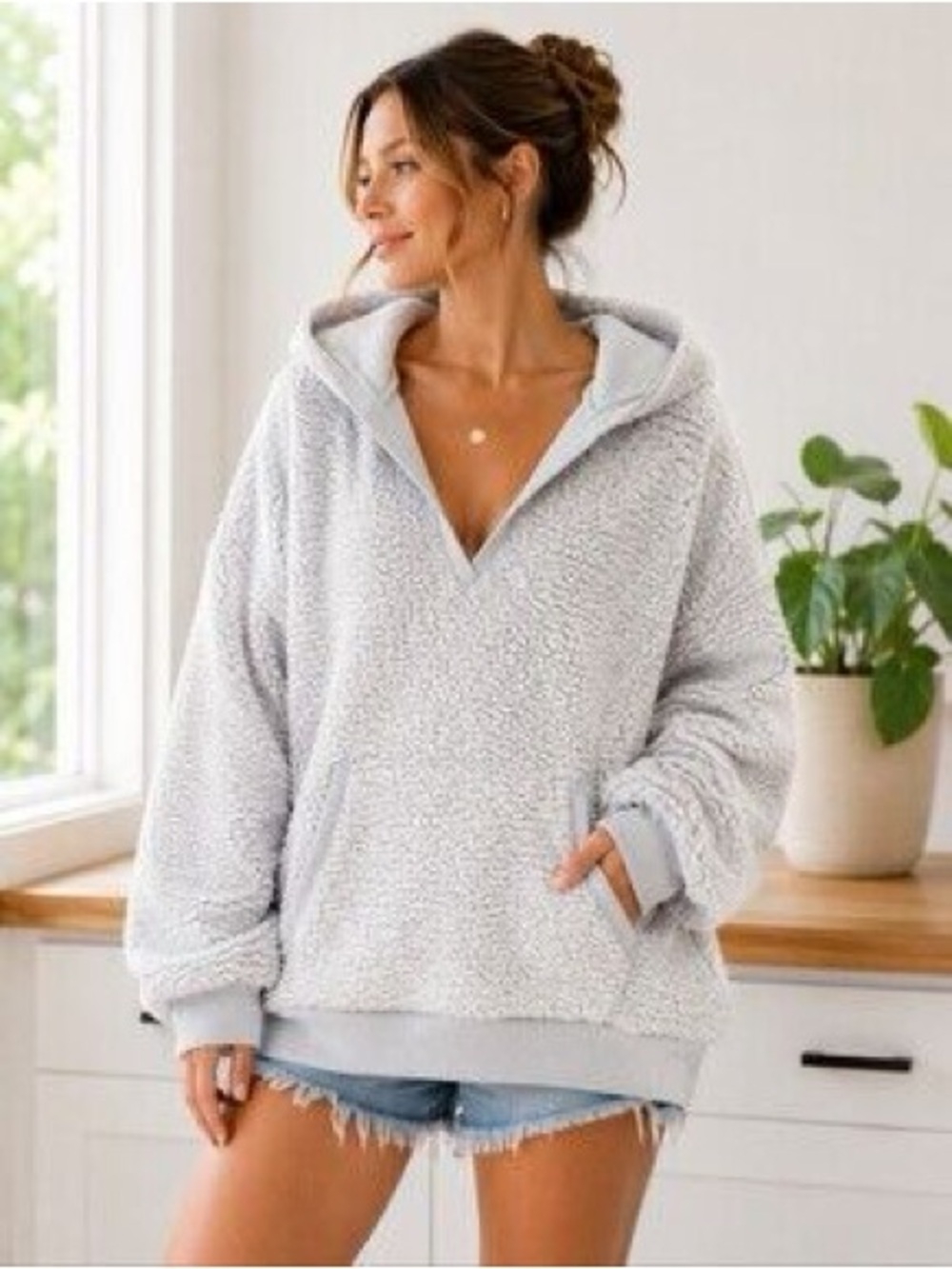 Victoria’s Secret Light Blue Gray Sherpa Hoodie XS | Oversized Cozy Pullover ☁️